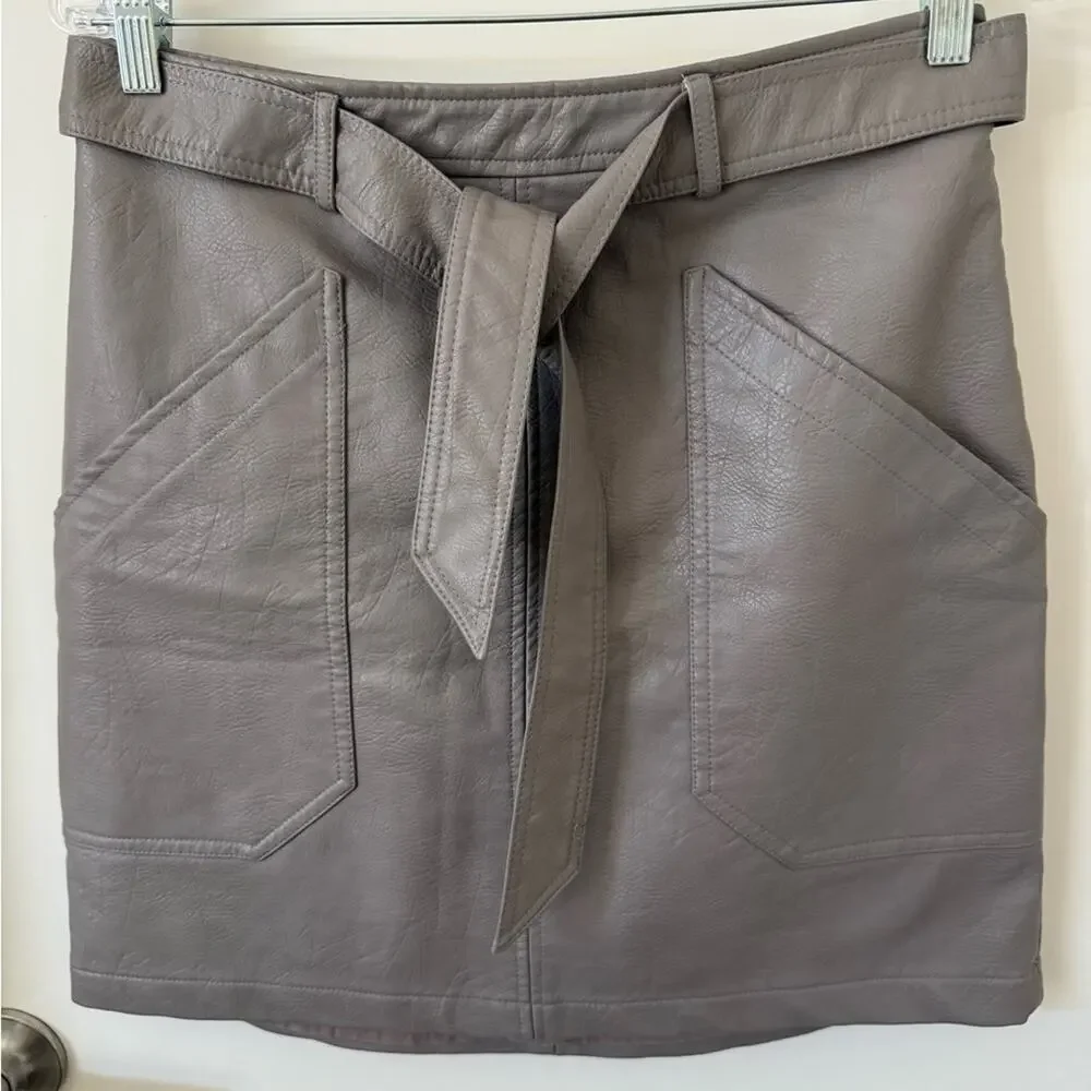 Wishlist Vegan Leather Mini Skirt Tie Waist Taupe Edgy Y2K Pockets Sz M